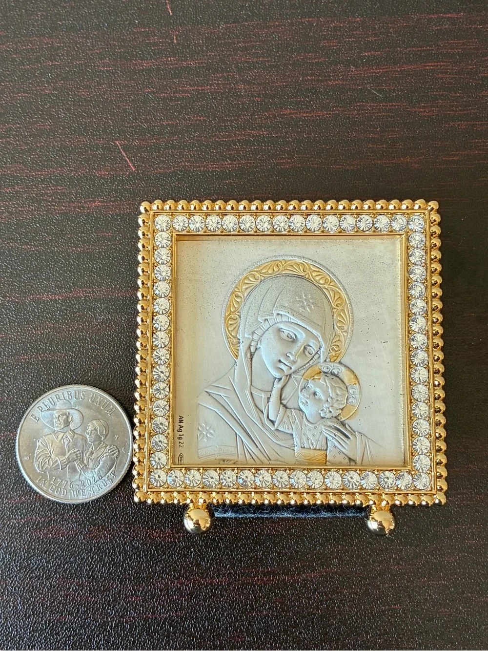 Sterling Silver Madonna and Child miniature plaque Crystal Frame